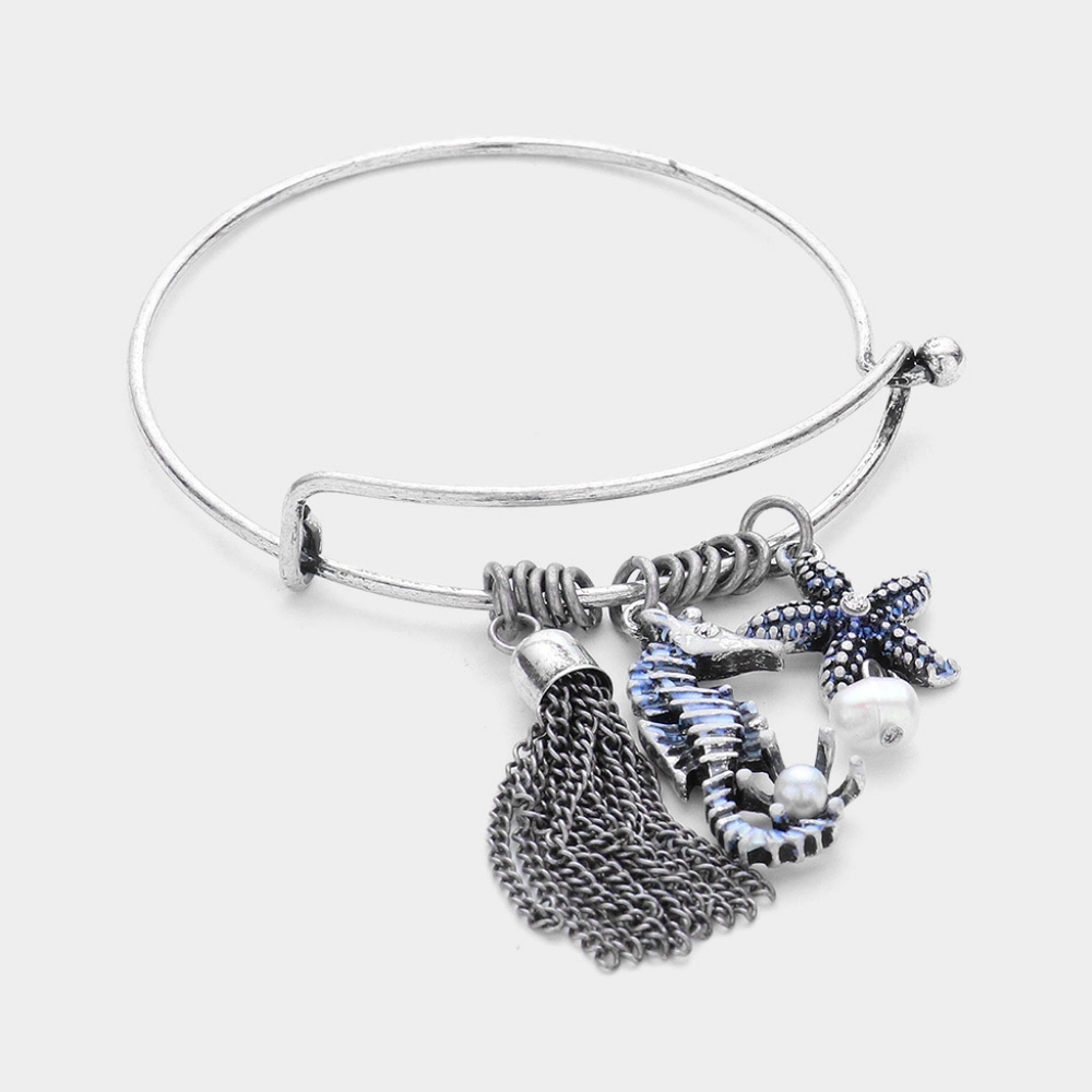 Burnished Silver Tassel Starfish SeaHorse Hook Charm Bracelet Bangle